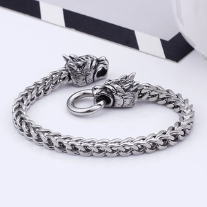 Gothic dragon head bracelet in antique silver stainless steel with woven chain design
