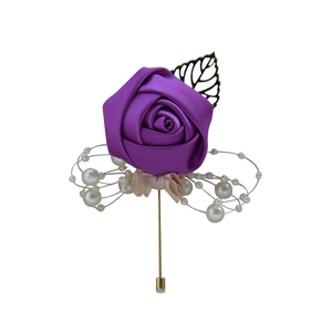 Handmade purple satin rose boutonniere with faux pearls and golden metal leaf