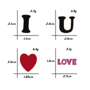 Detailed size specifications for enamel heart and I Love U letter brooch set