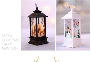 Detail of Christmas lanterns featuring reindeer and snowman patterns with warm LED lighting