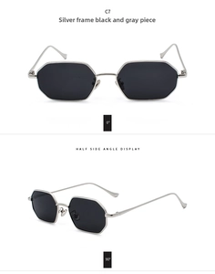 Detailed views of silver metal octagonal sunglasses with dark grey lenses model C7