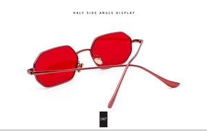 Side angle display of fashionable octagonal metal sunglasses with red lenses on white background