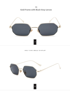 Octagonal metal sunglasses with gold frame and dark lenses shown from front and side view