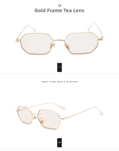 Octagonal metal sunglasses gold frame with tea lenses shown from front and side angles
