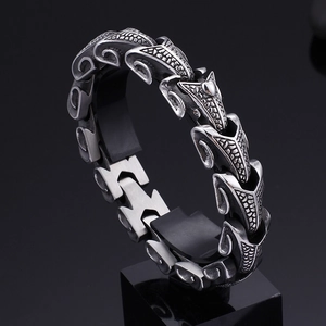 Men's vintage silver titanium steel dragon scale bracelet on black display stand