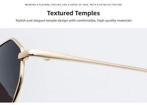 Detail shot of golden metal temples and hinges on modern rectangular sunglasses