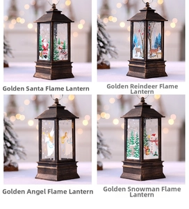 Detailed view of four retro Christmas lanterns with Santa, reindeer, angel and snowman themes