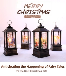 Detail of four Christmas LED lanterns with reindeer and snowman patterns in warm light