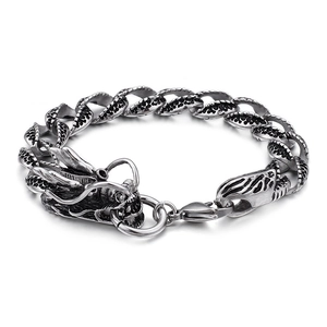 Mens vintage stainless steel dragon head bracelet with antique silver cuban link chain