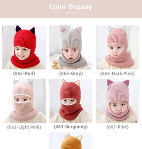 Detail view of colorful fleece-lined knit hats with cute ears and integrated neck warmers