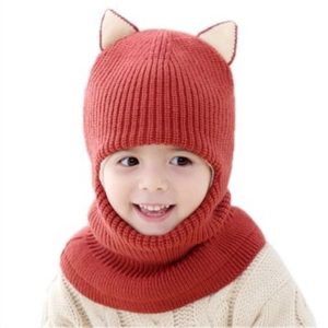 Winter knit baby hooded scarf with animal ears and thick fleece lining in reddish brown