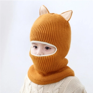 Ginger yellow children's knitted balaclava with cute cat ears and fleece lining for winter