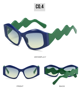 Three-view display of irregular sunglasses with wavy green temples and gradient lenses
