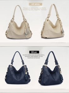 Detailed views of pebbled leather hobo bags with tassels in rice white and dark blue