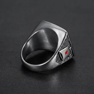 Vintage stainless steel ring with red star emblem in signet style for men