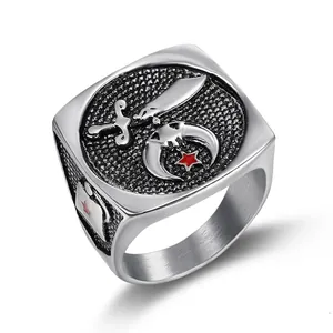 Vintage stainless steel Shriners ring with scimitar and crescent moon emblem
