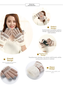 Close-up of touchscreen-friendly fingertips and thick lamb wool lining on knit gloves