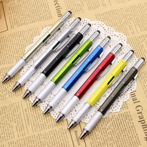Detail view of 8 multi-tool ballpoint pens with ruler and level bubble functions