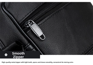 Close-up of smooth silver metal zipper on premium black pebble grain leather bag