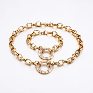 Chunky Chain Necklace And Bracelet Stainless Steel Round Pendant Baguette Zirconia Hip Hop Punk Jewelry For Women Men