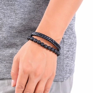 Men's double-layer set with black braided leather bracelet and natural lava rock beads