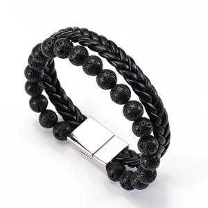 Double-layer men's bracelet with black lava stone beads and braided leather magnetic clasp