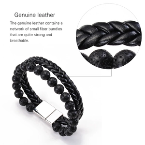 Detail shot of braided genuine leather texture and porous volcanic lava stone beads