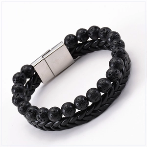 Mens Vintage Double Layer Bracelet Natural Lava Stone Braided Leather Stainless Steel Magnetic Clasp Essential Oil Diffuser
