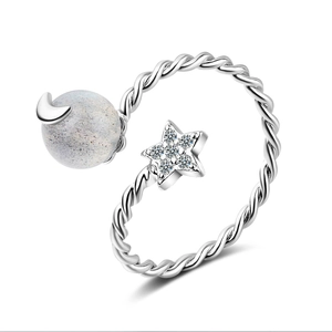 Silver star and moonstone open ring with twist band and sparkling zircon accents