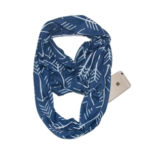 Detail of navy blue infinity scarf with white arrow pattern and hidden zipper pocket
