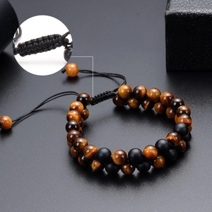 Double-layer 8mm tiger eye and matte stone bracelet with adjustable nylon cord