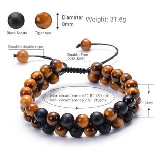 Double row 8mm tiger eye and matte black stone beaded bracelet with adjustable cord