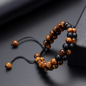 Double-layered 8mm tiger eye and matte black stone beaded bracelet with adjustable cord