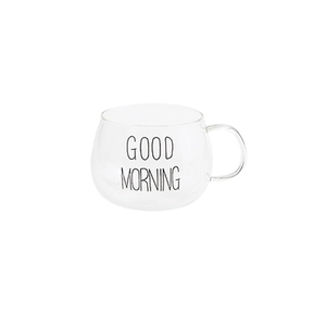Tasse à lait en verre résistant à la chaleur avec poignée et imprimé Good Morning