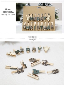 Detailed view of Merry Christmas wooden clips with reindeer motifs for festive holiday decor