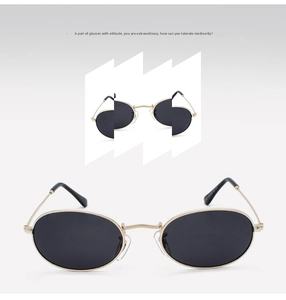 Detail view of oval dark lenses with a slim gold metal frame and comfortable nose pads