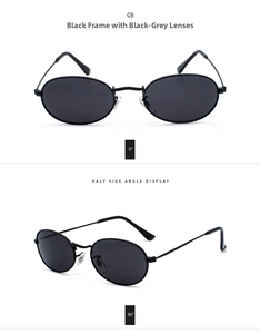 Front and side profile of black oval sunglasses with thin metal frames and nose pads
