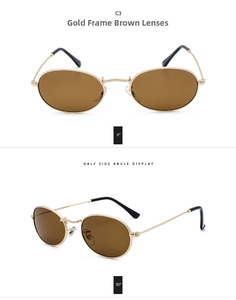 Front and 90-degree side views of retro oval gold metal sunglasses with tea lenses