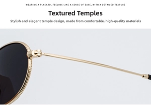 Macro shot of gold metal temples and precise hinges on oval retro sunglasses