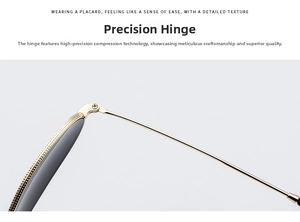 Detailed macro view of precision metal hinges and gold temples on oval sunglasses
