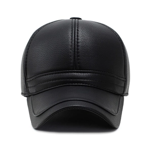 Winter black PU leather baseball cap for men featuring textured lychee grain finish