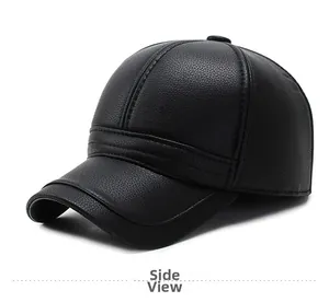 Side view of black PU leather baseball cap with detailed stitching and pebbled texture