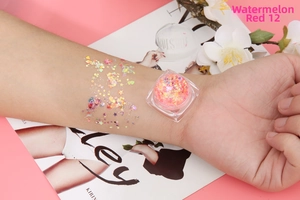 Watermelon red glitter gel swatch showing heart and star shapes for festive makeup look