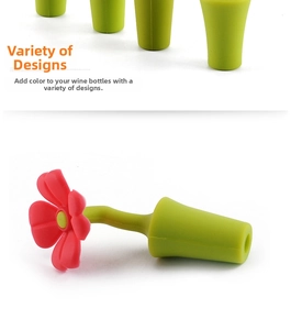 Close-up of a floral silicone wine stopper with a red flower top and green cone base