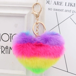 Rainbow Heart Plush Keychain Faux Rabbit Fur Fluffy Bag Charm Gold Metal Ring Pendant Decorative Accessory For Women