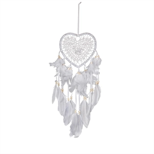 White heart-shaped dream catcher with handmade lace net and hanging feathers