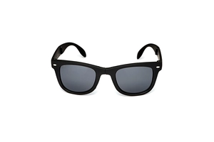 Close-up of matte black foldable sunglasses with grey lenses and folding bridge mechanism