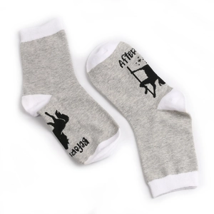 Grey cotton mid-calf socks featuring Halloween witch pattern and Before After text