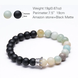 Detail view of 8mm matte black and amazonite beads with silver crown charm dimensions