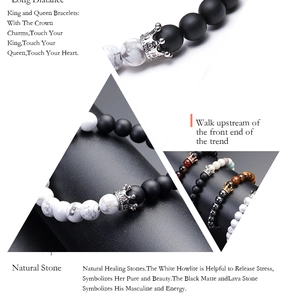 Detail of 8mm white turquoise and matte lava stone bracelet with crown charm